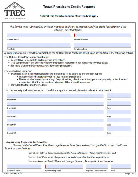 Texas Practicum Credit Request